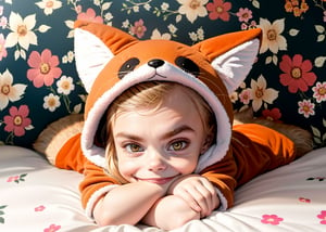 cara delevingne toddler, smiling happy, photography from below, (( suit fox costume plush)) indirect lighting, lying on back on bed, ((room floral wallpaper background)), (full body)