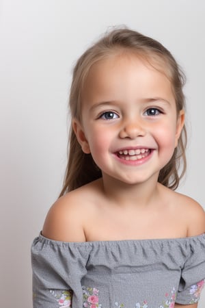 photorealistic, portrait, upper body, stand, 1girl 7 year-old, thick eyebrows, (smile, happy, grin, open mouth, beautiful gray eyes) super detailed skin texture, looking at viewer, black hair, off shoulder floral dress bright and very colorful, silver blue, photo studio, dark simple blurred background, perfectly illumination,