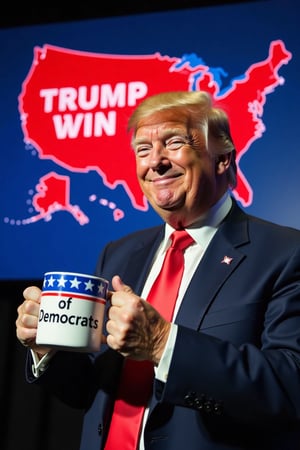 photography, Donald Trump smiling Holds a mug painted with the American flag that says "TEARS OF Democrats" ,behind him a screen with map of the United States in red it says "TRUMP WIN" 