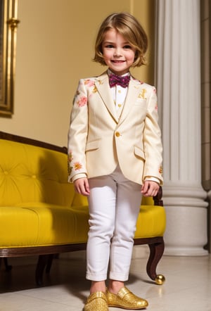 solo, 1girl, little girl 8 year-old caucacian white skin ((looking at viewer)), blond bob haircut with bangs, full body, ornament white suit, Chamomile flower, white pants, dark purple tie, sneakers white, Dolce & Gabbana, standing on cathedral hall, (men suit floral print) smile, yellow shiny shoes, gold watch