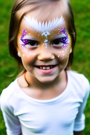 Photography hyper realistic, front view, outdoors, portrait, from above, white dress long sleeves, standing, sunny day, photo of a girl 8 year-old, blond hair, thick eyebrows, look away, very long hair, hair ornament, (facepaint:1), princess makeup, with her face painted, smiling,photorealistic