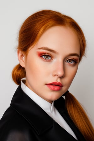 raw photo of a young woman, (ginger hair girl:1.2), makeup, graphic eyeliner, rouge, realistic skin texture, oversize jacket, soft lighting, high quality, film grain, Fujifilm XT3 ((ltt, black long messy hair, low twin ponytails)),LTT,low twin tails