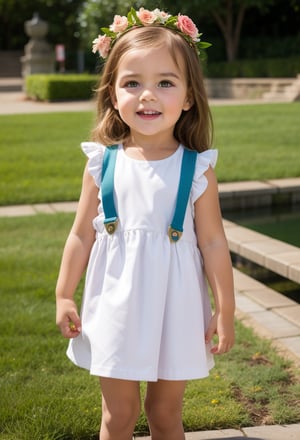 (full body photo of a toddler girl 5 year-old), real flowers crown, floral crown, flower, perfect face, standing on the grass near a pond, there are ducks, many bushes and trees in the background, white hair, Long messy Wavy Hair, hair bow,  realistic, skirt suspenders, best possible lighting, detailed face, thick and detailed hair, lips,MSWS,William Morris Art,Long Natural Wavy Hair,rfc