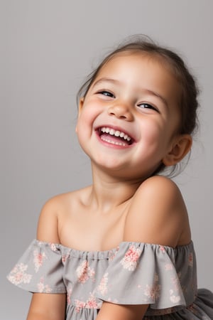 photorealistic, portrait, upper body, stand, 1girl 7 year-old, thick eyebrows, (smile, happy, grin, open mouth, beautiful gray eyes) super detailed skin texture, looking at viewer, black hair, off shoulder floral dress bright and very colorful, silver blue, photo studio, dark simple blurred background, perfectly illumination,