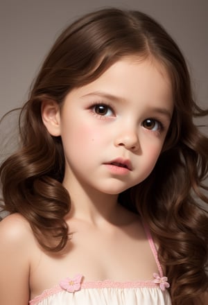 full body portrait of a little girl 7 year-old, perfect face, single background, ((brown hair)), Long messy Wavy Hair,   realistic, best possible lighting, detailed face, thick and detailed hair, lips,Long Natural Wavy Hair,Wavy Hair,long hair