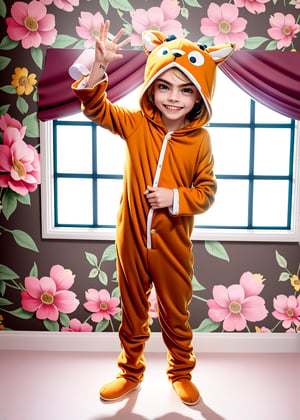 cara delevingne toddler, smiling happy, photography from below, (( suit squirrel costume plush)) indirect lighting, standing on top of the table, ((room window floral wallpaper background)), (full body) hands like pose