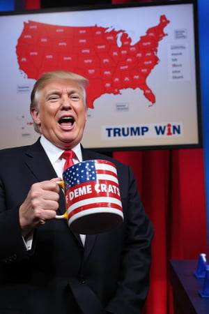 photography, Donald Trump smiling Holds a mug painted with the American flag that says "TEARS OF Democrats" ,behind him a screen with map of the United States in red it says "TRUMP WIN" 