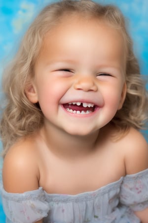 photorealistic, portrait face, stand, 1girl 7 year-old, thick eyebrows, (smile, happy, grin, open mouth, beautiful gray eyes) (missing teeth:1), super detailed skin texture, looking at viewer, blond hair, long hair, off shoulder floral dress bright and very colorful, silver blue, photo studio, dark simple blurred background, perfectly illumination,