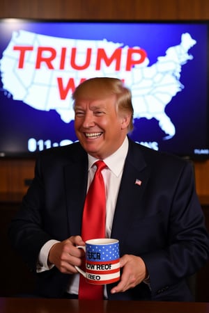 photography, Donald Trump smiling Holds a mug painted with the American flag that says "TEARS OF PROGRESS" ,behind him a screen with map of the United States in red it says "TRUMP WIN" 