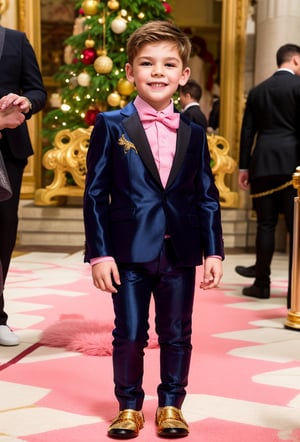 solo, 1boy, little boy 8 year-old blond caucacian white skin ((looking at viewer)) full body, (ornament black suit), gold flowers, black ornament pants, dark tie, sneakers white, Dolce & Gabbana, standing on cathedral hall, (men suit) smile, gold watch (ornament pink flowers)