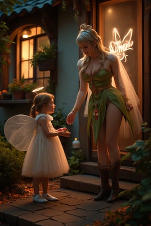 A little girl, aged 8, dressed as a sweet angel with a halo and flowing gown, approaches the door of a whimsical home. A 30-year-old woman, dressed as a graceful Tinker Bell, greets her with a warm smile and offers a handful of candies from her magical pouch. The scene is framed by a cheerful "Happy Halloween" sign, illuminating the spirit of the night.