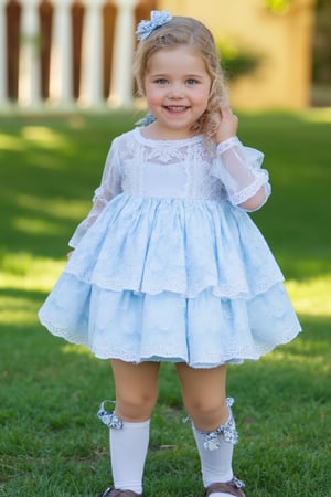 photorealistic, realistic, of photo a high quality of a 5 year-old child, happy smile, standing, front view, (((Wide angle, full body shot)))(looking at viewer:1.2),(lace overlay, jesusito dress sky blue cotton fabric) crisp sharp eyes, (lace see-through long sleeve), Ruffle, fluffy, long sock over knee Ribbon bow and Lace Ruffle, (classic brown Flats Mary Janes)(very long hair:1.2), curly messy hair, (hairclip:1.2), pale skin, Giant Gunnera manicata with intense afternoon sunlight, high definition, 24mm lens, bold shadows, rich textures