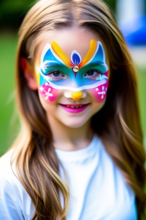 Photography hyper realistic, front view, outdoors, portrait, from above, white dress long sleeves, standing, sunny day, photo of a girl 8 year-old, blond hair, thick eyebrows, look away, very long hair, hair ornament, (facepaint:1), princess makeup, with her face painted, smiling,