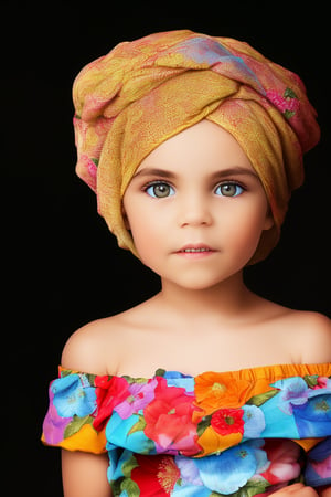 photorealistic, upper body, stand, 1girl 7 year-old, thick eyebrows (Turbant:1.2), super detailed skin texture, looking at viewer, black hair, off shoulder floral dress bright and very colorful, silver blue, photo studio, dark simple blurred background, perfectly illumination,turbant