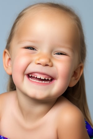 photorealistic, portrait face, stand, 1girl 7 year-old, thick eyebrows, (smile, happy, grin, open mouth, beautiful gray eyes) (missing teeth:1), super detailed skin texture, looking at viewer, blond hair, long hair, off shoulder floral dress bright and very colorful, silver blue, photo studio, dark simple blurred background, perfectly illumination,