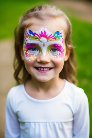 Photography hyper realistic, front view, outdoors, portrait, from above, white dress long sleeves, standing, sunny day, photo of a girl 8 year-old, blond hair, thick eyebrows, look away, very long hair, hair ornament, (facepaint:1), princess makeup, with her face painted, smiling,