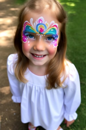 Photography hyper realistic, front view, outdoors, portrait, from above, white dress long sleeves, standing, sunny day, photo of a girl 8 year-old, blond hair, thick eyebrows, look away, very long hair, hair ornament, (facepaint:1), princess makeup, with her face painted, smiling,