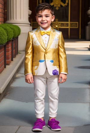 solo, 1boy, little boy 8 year-old caucacian white skin ((looking at viewer)) full body, ornament white suit, Chamomile flower, white pants, dark purple tie, sneakers white, Dolce & Gabbana, standing on cathedral hall, (men suit floral print) smile, yellow shiny shoes, gold watch