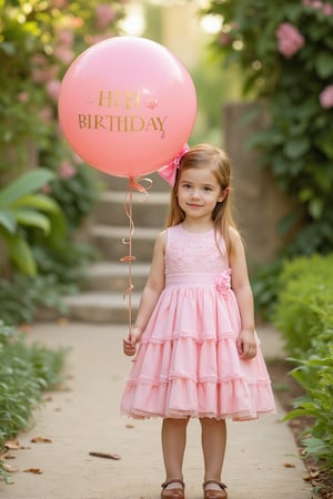 photorealistic, realistic, of photo a high quality of a 8 year-old child, happy smile, standing, front view, (((Wide angle, full body shot)))(looking at viewer:1.2),(ljesusito dress) crisp sharp eyes, Ruffle, fluffy, (classic brown Flats Mary Janes)(very long hair:1.2), redhead straight hair, (hairclip:1.2), pale skin, Giant Gunnera manicata with intense afternoon sunlight, high definition, 24mm lens, bold shadows, rich textures She holds a pink balloon that says in elegant gold letters "HAPPY BIRTHDAY",Enhanced all