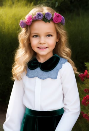 little girl, 9 year-old, Real Flowers Crown realistic eyes, perfect eyes, super detailed skin texture, looking at viewer, blond messy Wavy long Hair, real flowers crown, white flowers, dark green velvet skirt, skirt suspender, suspender, tulle sleeves, white shirt, collar bib, lace, flowers butterfly, secret garden background, looking at viewer, blond Long messy Waves hair, long sleeves, black shoes, realistic, sunny day, soft smile,rfc,MSWS,REALISTIC