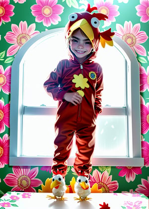 cara delevingne toddler, smiling happy, photography from below, (( suit chicken costume plush)) indirect lighting, standing on top of the table, ((room window floral wallpaper background)), (full body)