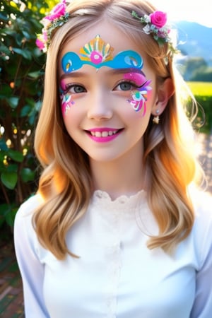 Photography hyper realistic, front view, outdoors, portrait, from above, white dress long sleeves, standing, sunny day, photo of a girl 8 year-old, blond hair, thick eyebrows, look away, very long hair, hair ornament, (facepaint:1), princess makeup, with her face painted, smiling,