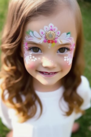 Photography hyper realistic, front view, outdoors, portrait, from above, white dress long sleeves, standing, sunny day, photo of a girl 8 year-old, blond hair, thick eyebrows, look away, very long hair, hair ornament, (facepaint:1), princess makeup, with her face painted, smiling,photorealistic