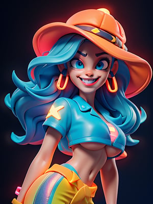 3DMM, ,cartoon, portrait of a young woman, (neon lights:1.1), glowing colors, (thepit bimbo:0.5), glossy, sexy, underboob, Face Expression Playful Naughty, (((Raised eyebrow and one lowered))), seductive smile, laranja cap backwards, blue eyes, multicolored dreadlocks hair, plump lips, excited, looking at the viewer, [(colorful explosion psychedelic paint colors:1.1)::0.125], iridescent, chromatic aberration, studio lights, bright light, glowing skin, realistic, photo-realistic, 8k, highly detailed, led light, laser lights,fruit-flavored