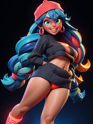 3DMM,backwards cap ,cartoon, portrait of a (((black woman young))), full body, long shot, (neon lights:1.1), glowing colors, (thepit bimbo:0.9), glossy, sexy, (((virgin destroyer sweater))), underboob, Face Expression Playful Naughty, (((Raised eyebrow and one lowered))), seductive smile, (((backwards cap))), blue eyes, (((multicolored dread hair))), plump lips, excited, looking at the viewer, [(colorful explosion psychedelic paint colors:1.1)::0.125], iridescent, chromatic aberration, studio lights, bright light, glowing skin, realistic, photo-realistic, 8k, highly detailed, led light, laser lights,fruit-flavored,cartoon ,real,backwards cap
