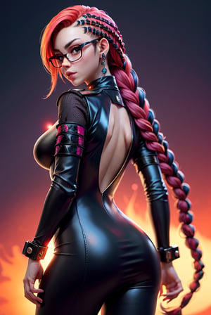 3DMM, female, woman, cyberpunk scene, woman criminal, dangerous (yakuza:1.2) enforcer wearing orange red mecha bodysuit armor, neon red sun, orange sky, full body, (((back))), looking at the spectator, long shot, (thepit bimbo:1.2), glasses, (((total cornrows braids hair))), multicolored hair, psychedelic colors,demon form,human form