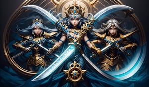 anime, LODBG, six gold crowns, (six shiny silver swords:1.6), (gold infinity:1.6), (bronze circle:1.6), crystal clear water background, imposing logo








,LODBG