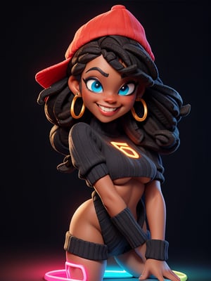 3DMM,backwards cap ,cartoon, portrait of a (((black woman young))), full body, long shot, (neon lights:1.1), glowing colors, (thepit bimbo:0.9), glossy, sexy, (((virgin destroyer sweater))), underboob, Face Expression Playful Naughty, (((Raised eyebrow and one lowered))), seductive smile, (((backwards cap))), blue eyes, (((multicolored dreadlocks hair))), plump lips, excited, looking at the viewer, [(colorful explosion psychedelic paint colors:1.1)::0.125], iridescent, chromatic aberration, studio lights, bright light, glowing skin, realistic, photo-realistic, 8k, highly detailed, led light, laser lights,fruit-flavored,cartoon ,real,backwards cap
