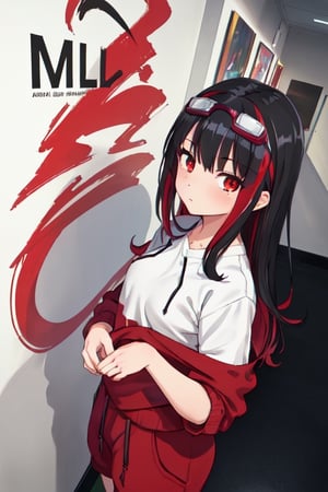 ultra high res, (best quality, masterpiece, intricate details),(fashion illustration anime), professional lighting, ((full body)), ((black hair)), ((fringe of hair Red streak in front)), (looking at viewer:1.2), (Red eyes), (detailed hands draw:1.4), (girl:1.5), Curled hair, (curvy), narrow waist, (real skin, oiled Skin), (Red sweatshirt with a black logo in the center:1.3), swimming goggles in the neck, (female body, narrow waist), (red hair accessory), On the room,anime, (text:MLII rare art),