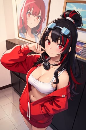 ultra high res, (best quality, masterpiece, intricate details), ultra-detailed,(fashion illustration anime), professional lighting, ((full body)), ((black hair)), ((fringe of hair Red streak in front)), (looking at viewer:1.2), (Red eyes), (detailed hands draw:1.4), (girl:1.5), Curled hair, (curvy), narrow waist, (real skin, oiled Skin), (Red sweatshirt with a black logo in the center:1.3), swimming goggles in the neck, (female body, narrow waist), (red hair accessory), On the room, intricate details,photorealistic,anime, happy