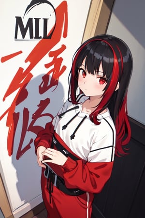 ultra high res, (best quality, masterpiece, intricate details),(fashion illustration anime), professional lighting, ((full body)), ((black hair)), ((fringe of hair Red streak in front)), (looking at viewer:1.2), (Red eyes), (detailed hands draw:1.4), (girl:1.5), Curled hair, (curvy), narrow waist, (real skin, oiled Skin), (Red sweatshirt with a black logo in the center:1.3), swimming goggles in the neck, (female body, narrow waist), (red hair accessory), On the room,anime, (text:MLII), (Text small size:Rare Art)