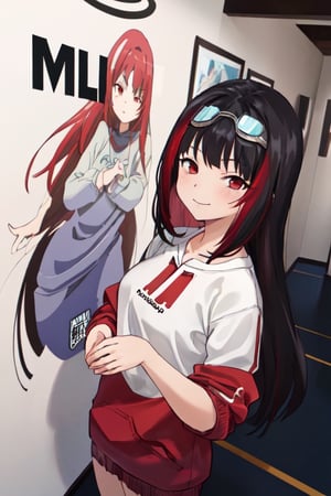 ultra high res, (best quality, masterpiece, intricate details),(fashion illustration anime), professional lighting, ((full body)), ((black hair)), ((fringe of hair Red streak in front)), (looking at viewer:1.2), (Red eyes), (detailed hands draw:1.4), (girl:1.5), Curled hair, (curvy), narrow waist, (real skin, oiled Skin), (Red sweatshirt with a black logo in the center:1.3), swimming goggles in the neck, (female body, narrow waist), (red hair accessory), On the room,anime, (text:MLII)