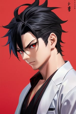 (Osamu togashi, デスティニーチャイルド 主人公), (analog style), 32k Ultra HDR high-quality image, black hair with fringe of hair Red streak quiff in front, (best quality, masterpiece, intricate details), (Red eyes), (seme male), (erotic male), (illustration portrait), professional lighting,young master from the game デスティニーチャイルド, male bubble ass