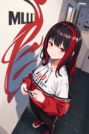 ultra high res, (best quality, masterpiece, intricate details),(fashion illustration anime), professional lighting, ((full body)), ((black hair)), ((fringe of hair Red streak in front)), (looking at viewer:1.2), (Red eyes), (detailed hands draw:1.4), (girl:1.5), Curled hair, (curvy), narrow waist, (real skin, oiled Skin), (Red sweatshirt with a black logo in the center:1.3), swimming goggles in the neck, (female body, narrow waist), (red hair accessory), On the room,anime, (text:MLII)