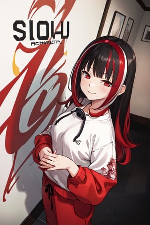 ultra high res, (best quality, masterpiece, intricate details), ultra-detailed,(fashion illustration anime), professional lighting, ((full body)), ((black hair)), ((fringe of hair Red streak in front)), (looking at viewer:1.2), (Red eyes), (detailed hands draw:1.4), (girl:1.5), Curled hair, (curvy), narrow waist, (real skin, oiled Skin), (Red sweatshirt with a black logo in the center:1.3), swimming goggles in the neck, (female body, narrow waist), (red hair accessory), On the room, intricate details,photorealistic,anime, happy