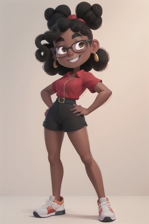 masterpiece, best quality, full body, (black woman:1.2), (short height), short_hair, bun tied hair, curly_hair, smiling, petite, red blouse, black shorts, white sneakers, glasses