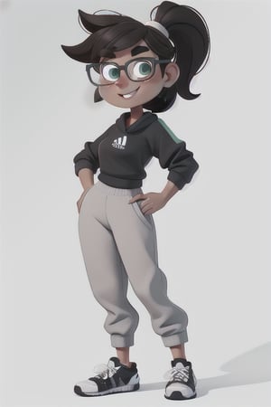 masterpiece, best quality, full body, (white pale woman:1.2), (pale skin:1.2), (short height:1.2), dark brown hair, grey green eyes, ponytail, straight_hair, smiling, (black Adidas sweatshirt), (black adidas long sweatpants), (white sneakers), small breasts, glasses