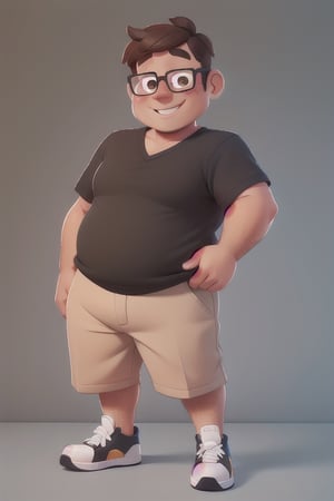 masterpiece, best quality, full body, (white man:1.2), (short height:1.2), (chubby man:1.2), short hair, dark brown hair, brown eyes, smiling, beige bermuda, black t-shirt, black sneakers, glasses