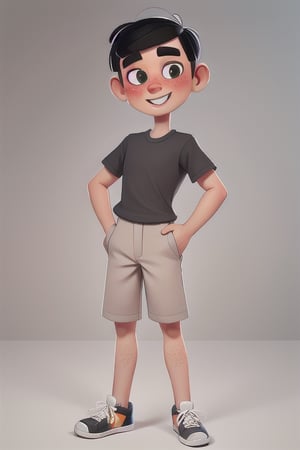 masterpiece, best quality, full body, white boy, 11 years old, (short height:1.2), (pale skin:1.2), skinny, black hair, (short haircut:1.4), brown eyes, dark grey long pants, grey t-shirt, black sneakers, (freckles:1.2), large smile 