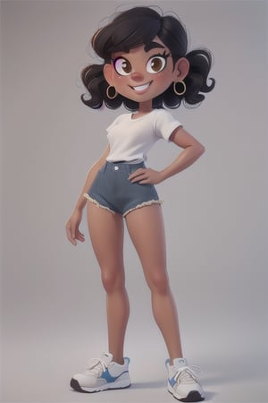 masterpiece, best quality, full body, latin girl, skinny, black hair, wavy hair, short hair, brown eyes, jeans shorts, white t-shirt, white sneakers, smiling 