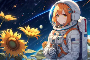 (masterpiece), full body photoshot, best quality,ultra_detailed,highres,absurdres:1.2), an anime girl astronaut,  colourful, she holding sunflower, starry sky, lens_flare, cosmic theme, saturn in the background,
