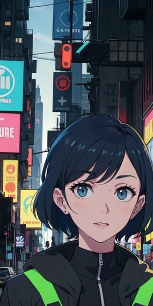 portrait of cute young woman, dark blue tints, cyberpunk city in the background, scifi, ,frankie_wai,MAWSLoisLane