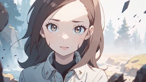 girl, long dark brown hair, detailed tips, dark brown pupil, almond lips, futuristic jacket,

(masterpiece, best quality, hires, high resolution:1.2), (beautiful, aesthetic, perfect, delicate, intricate:1.2), (depth of field:1.2),KunoTsubakiv1,In the style of gravityfalls