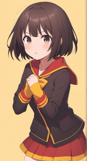 Megumin, posing with a dramatic expression, pastel colors, short-hair, brown_hair, school_girl,