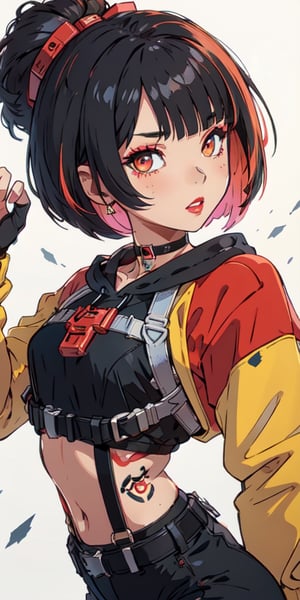 (tactical sweatshirt), (dynamic pose), black background, teenager, female_solo, upper body,looking at viewer, small breasts, white background, bob cut, short hair, multicolored hair, makeup, parted lips, red lips, eyeliner, walkure /(takt op./), choker, harnesses, warrior tattoos, ,BiBa,EnvyBeautyMix23