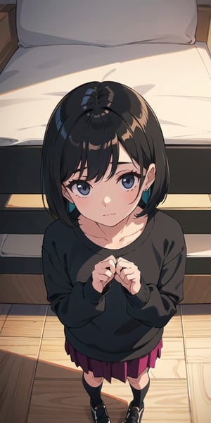 (the image must be PNG), girl, adorable face, tender expression, (dinamic pose),  bob style hair, (from above), standing
medium skirt, large black sweatshirt, 

frankie_wai,MAWSLoisLane